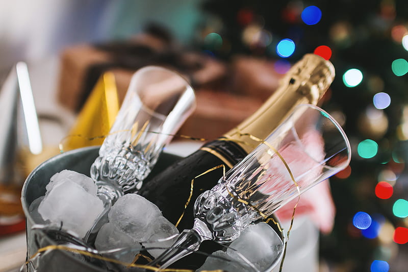 champagne bottle and glass in bucket, HD wallpaper