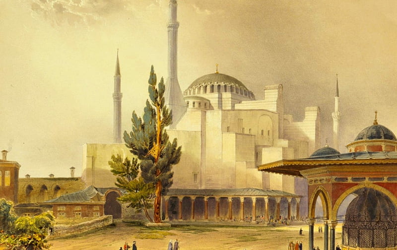 Hagia Sophia, art, yellow, Turkey, building, tree, green, painting, white, pictura, HD wallpaper