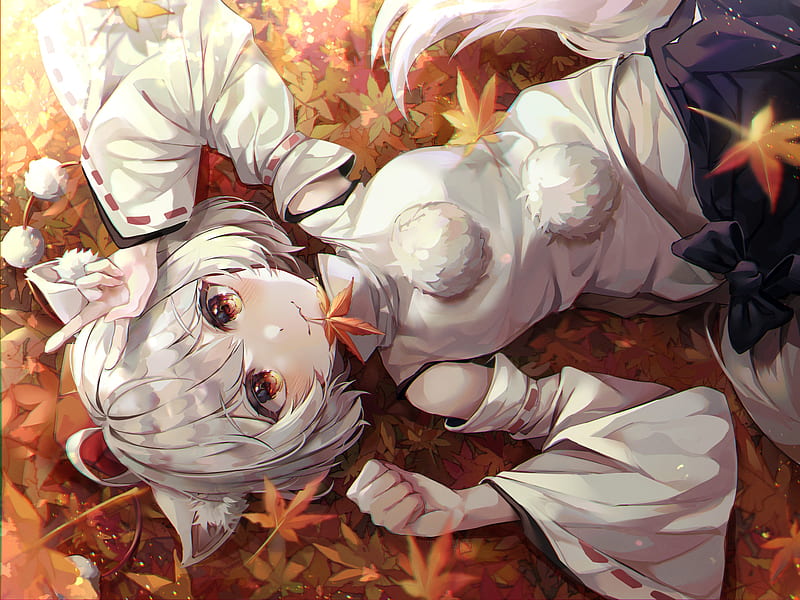 inubashiri momiji, touhou, lying down, short white hair, anime wolf girl, autumn, Anime, HD wallpaper
