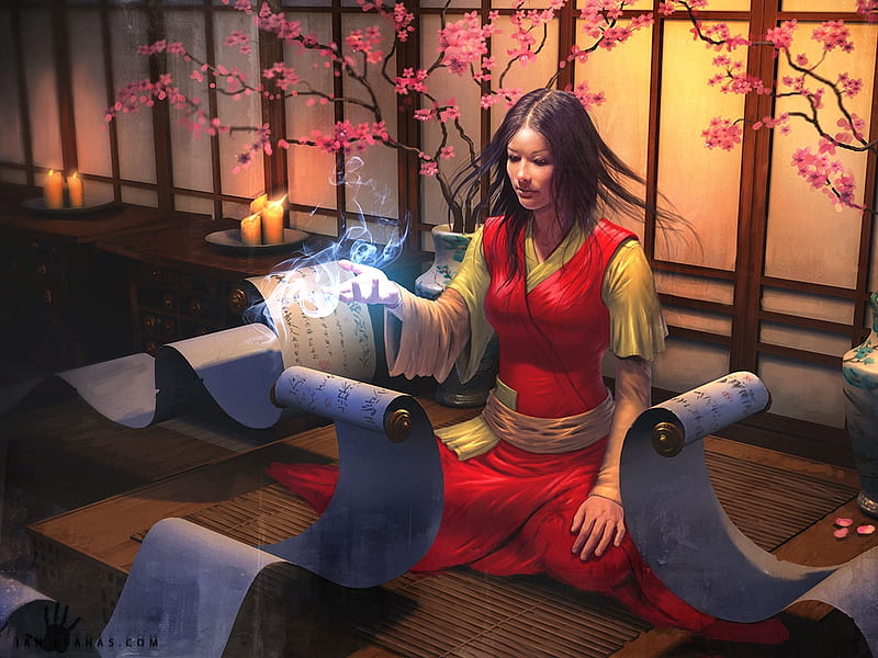 The legend of the five rings, red, art, game, fantasy, girl, magical, asian, legend of the five rings, room, paper, ianllanas, HD wallpaper