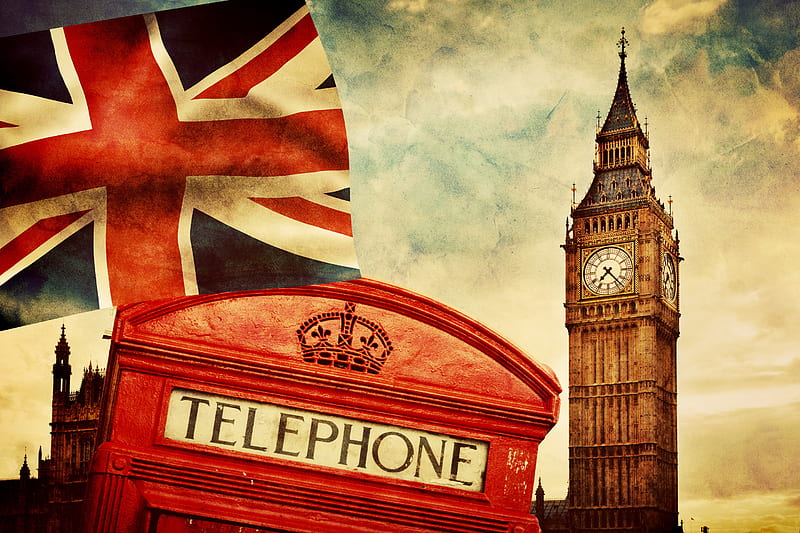 London, big ben, booth, britain, clock, flag, style, telephone, HD wallpaper