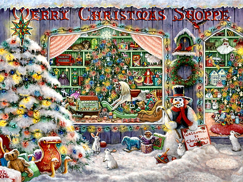 Merry Christmas Shoppe F1C, Christmas, art, holiday, cityscape, December, bonito, illustration, artwork, winter, snow, painting, wide screen, occasion, scenery, Kruskamp, HD wallpaper