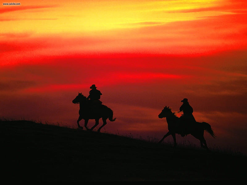 From Dusk to Dawn, red, graphy, sunsets, yellow, abstract, horses, western, cowboys, HD wallpaper
