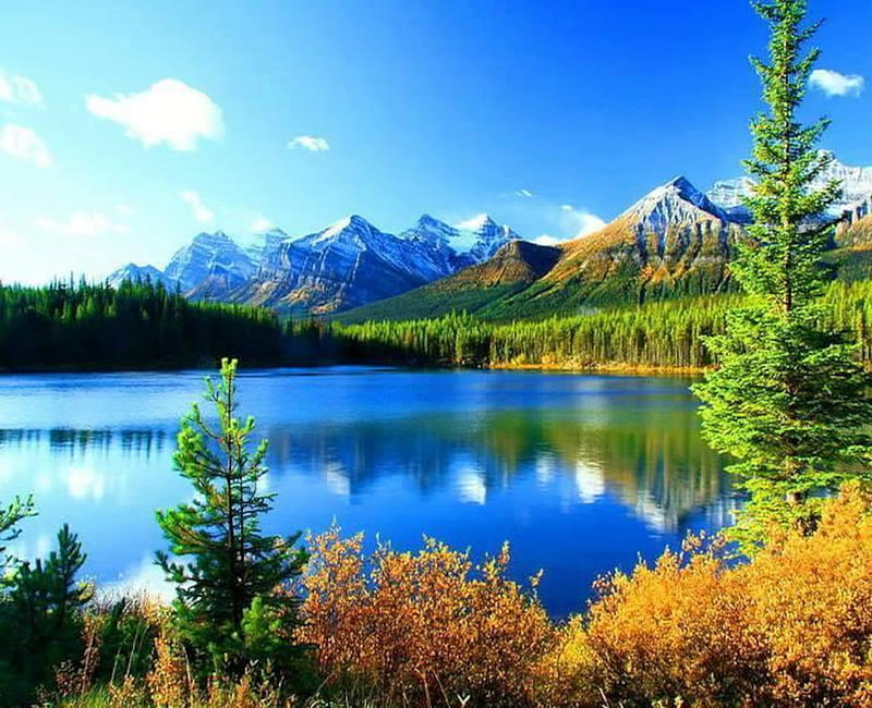 Sunny Lake, fall, autumn, mountains, sunny, nature, reflection, clouds, lake, HD wallpaper