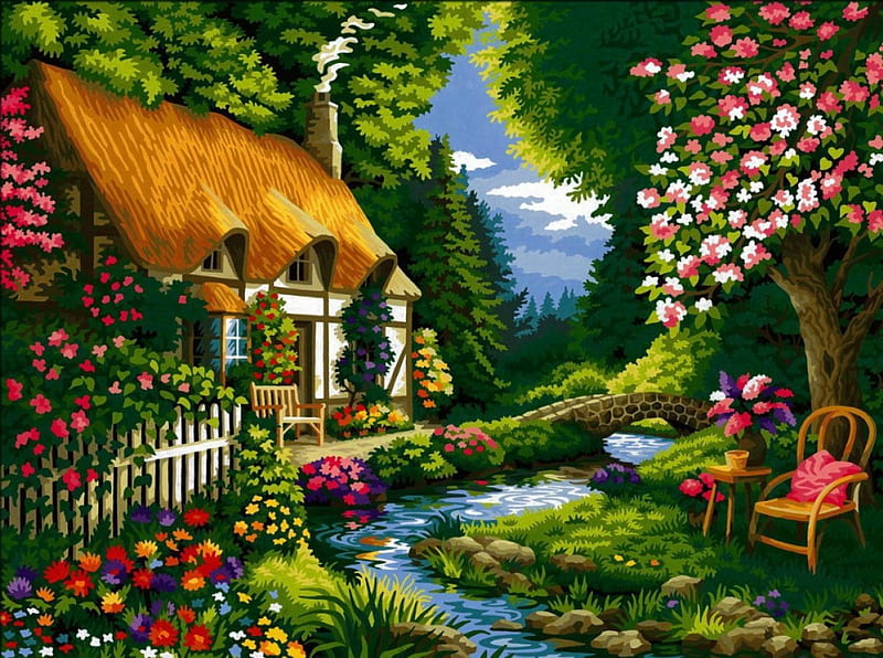 Garden cottage, stream, pretty, house, grass, cottage, bonito, painting, chairs, village, flowers, river, art, rest, forest, greenery, spring, creek, sky, trees, lvoely, freshness, coffee, blossoms, garden, flowering, nature, blooming, HD wallpaper