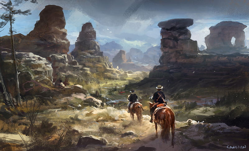 Artistic, Cowboy, Horse, Mountain, Painting, HD wallpaper