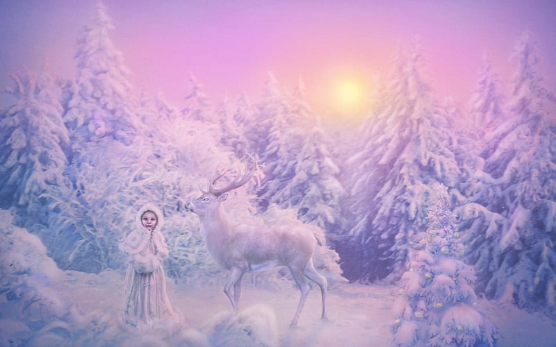 Winter fantasy, sun, deer, animal, winter, tree, fantasy, girl, snow, pink,  blue, HD wallpaper