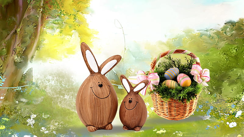 Wooden Easter Bunnies, carved, spring, Easter, basket, flowers, rabbits, bunnies, Firefox Persona theme, wood, field, HD wallpaper