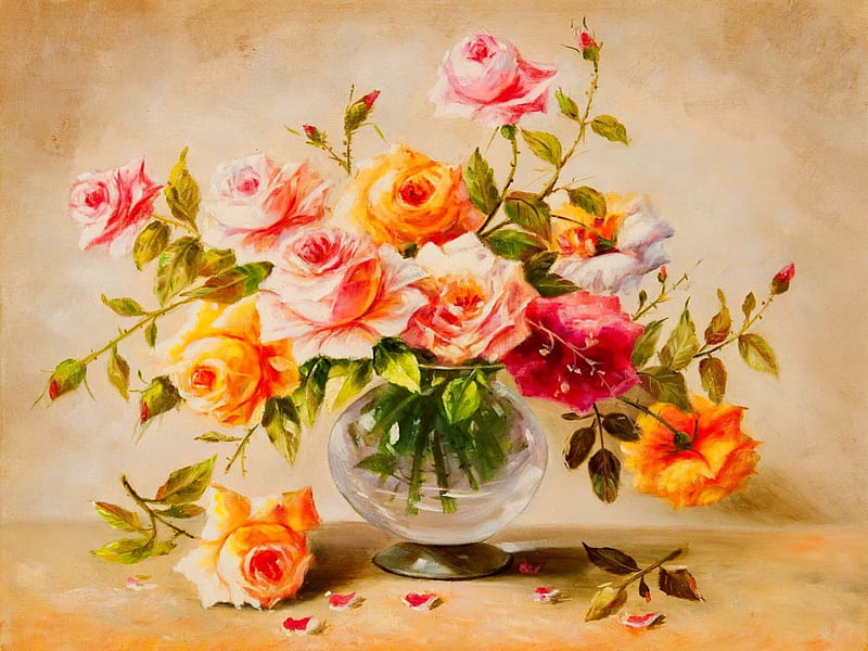 Still life, pretty, lovely, fresh, vase, scent, bonito, roses, fragrance, delicate, leaves, nice, flowers, petals, tender, pink, HD wallpaper