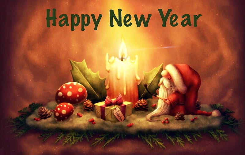 Happy New Year, candle, holidays, Gift, gnome, digital art, Santa, cute, mushrooms, HD wallpaper