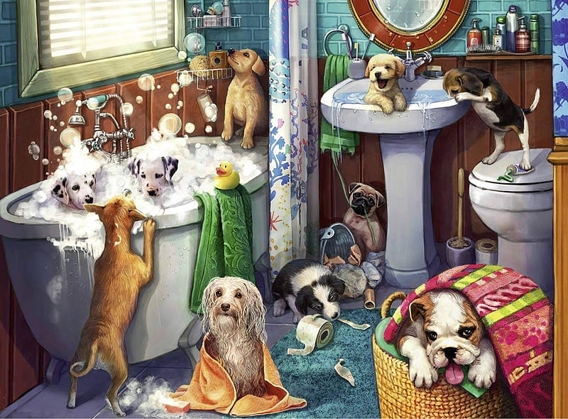 1001 dalmatians bath, luminos, caine, bath, cute, fantasy, 1001 dalmatians,  bubbles, HD wallpaper