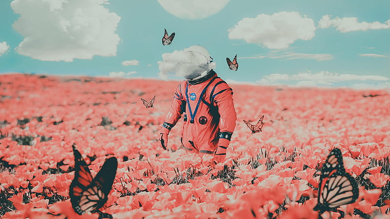astronaut, butterflies, spacesuit, pink flowers, clouds, Sci-fi, HD wallpaper