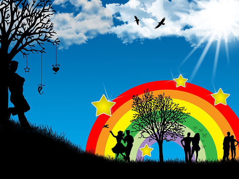 Love, sun, guy, birds, black, rainbow, sky, clouds, tree, girl, heart, HD wallpaper