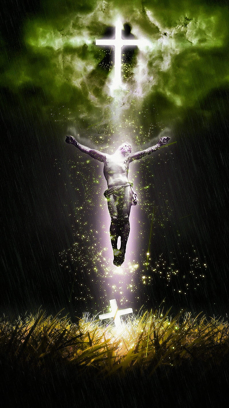jesus rising, cloud, cross, grass, jesus, male, man, rise, shine, son of god, sparkle, HD phone wallpaper