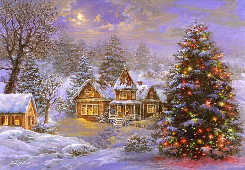 Happy Holidays, villages, Christmas, holidays, Christmas Tree, houses, love four seasons, attractions in dreams, xmas and new year, winter, paintings, snow, HD wallpaper