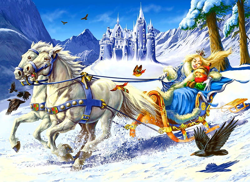 Snowy queen, sleigh, queen, bonito, woman, snowy, cold, mountain, peaks, sledge, fairy, art, holiday, christmas, new year, palace, sky, paintin, horses, winter, snow, ride, lady, castle, white, landscape, HD wallpaper
