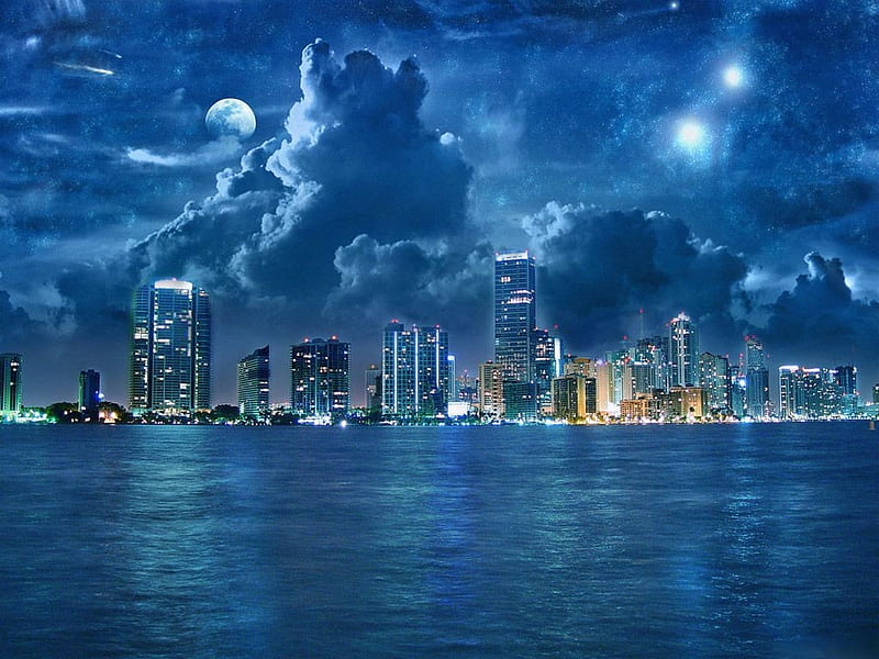 night city, stars, buildings, ocean, sky, clouds, city buildings, moon, city, water, skyline, nature, stormy clouds, light, blue, night, HD wallpaper
