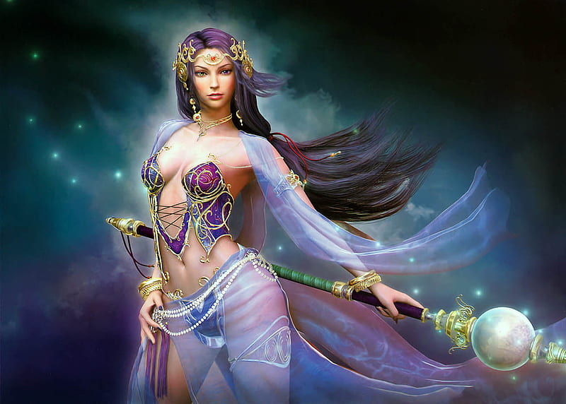 Lavendar Warrior Princess, headress, skirt, bangles, jewellery, orb, hair, metal, gold, girl, purple, sceptre, digital, chiffon, colour, beads, HD wallpaper