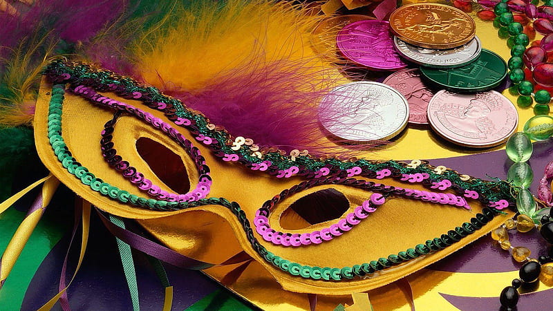 Yellow Mardi Gras Mask With Coins Mardi Gras, HD wallpaper