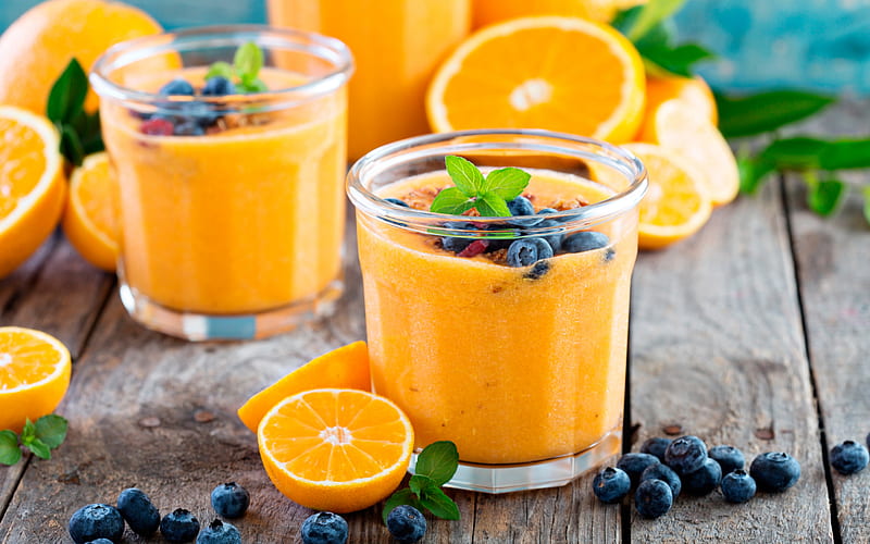 orange smoothies, healthy food, oranges, blueberries, smoothie glass, smoothies, HD wallpaper