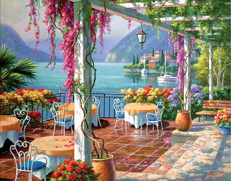 Wisteria Terrace, lakes, restaurants, Italy, places, love four seasons, Lake Como, spring, attractions in dreams, terrace, boats, paintings, summer, flowers, nature, HD wallpaper