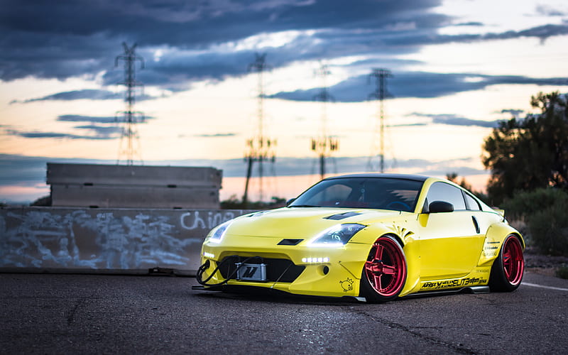 Rocket Bunny, tuning, Nissan 350z supercars, stance, yellow 350z, Nissan, HD wallpaper