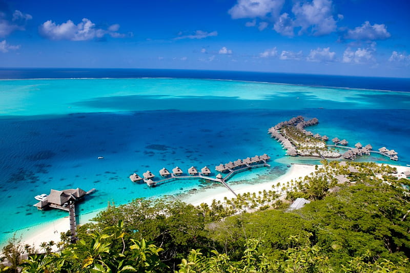 Hilton Nui Resort Bora Bora, polynesia, resort, stilts, retreat, Hilton, sea, atoll, beach, lagoon, bora bora, sand, bungalows, blue, huts, exotic, islands, ocean, pacific, south, water, paradise, island, tahiti, tropical, villas, nui, HD wallpaper