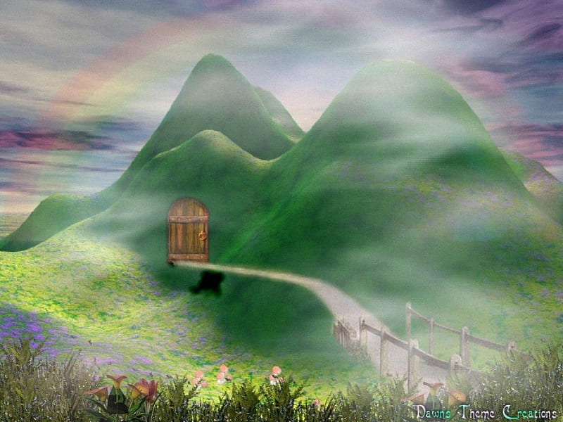 Magical Kingdom, bridge, mountains, doorway, flowers, rainbow, HD wallpaper