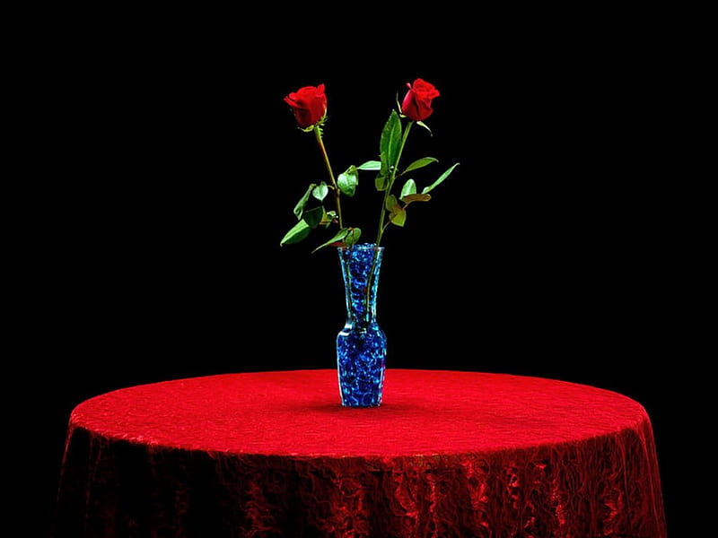 In appreciation, table, red, glass, flowers, black, vase, roses, HD