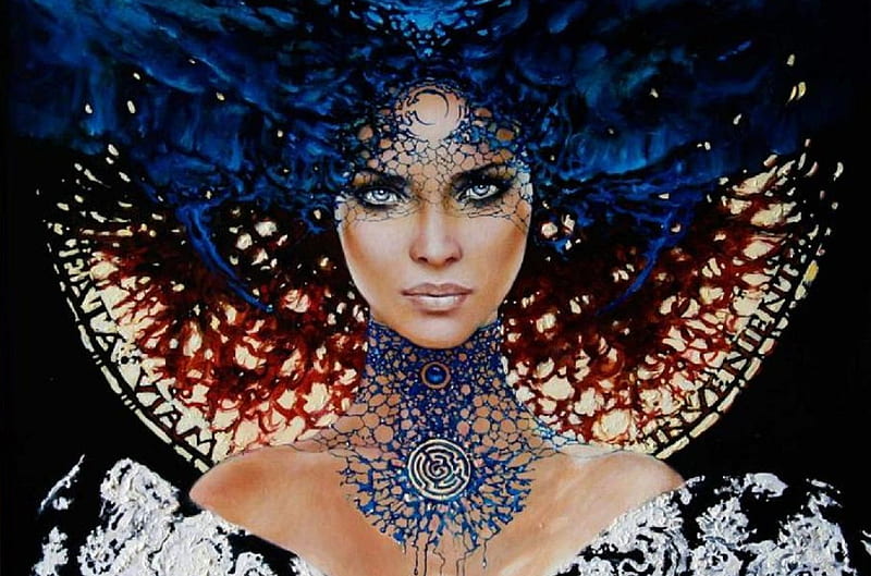 Fantasy girl by Karol Bak, pictura, art, karol bak, fantasy, painting, face, blue, HD wallpaper