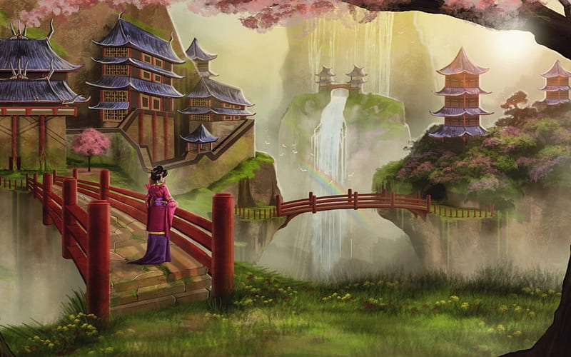 Old City, sakura, art, japanese, kimono, japan, fantasy, girl, bridge, orginal, landscape, HD wallpaper