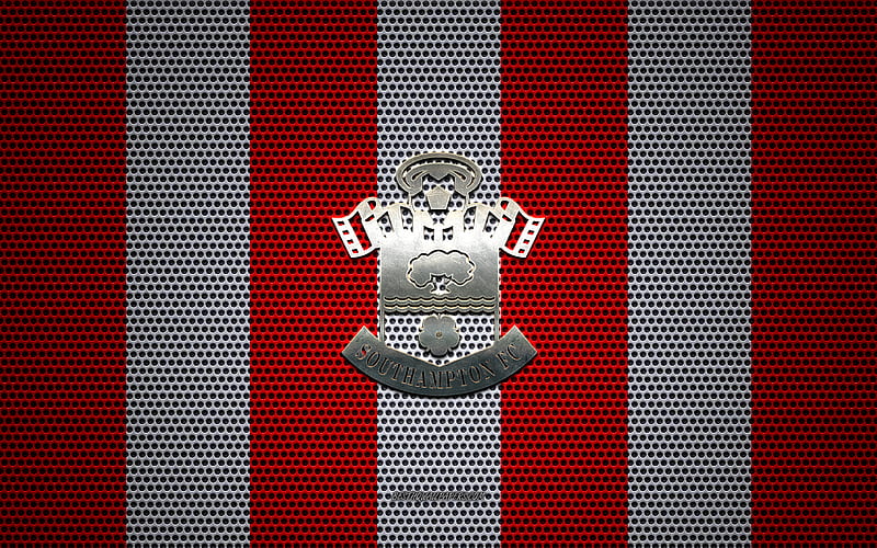 FC Southampton logo, English football club, metal emblem, red and white metal mesh background, FC Southampton, Premier League, Hampshire, England, football, HD wallpaper
