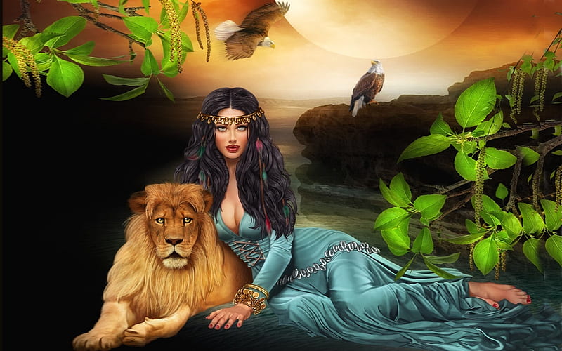 Fantasy Lady and Lion, eagles, Jungle, beauty, Hawks, woman, Fantasy, lion, black hair, HD wallpaper