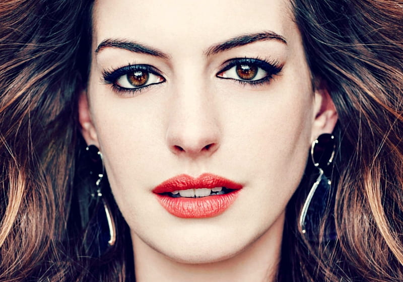 Anne Hathaway, red, girl, actress, face, make-up, woman, HD wallpaper