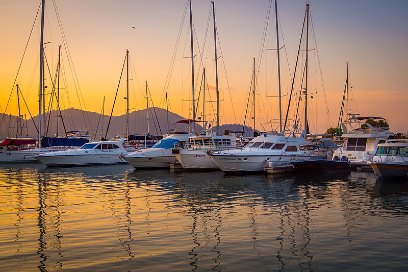 yachts, boats, water, sunset, HD wallpaper