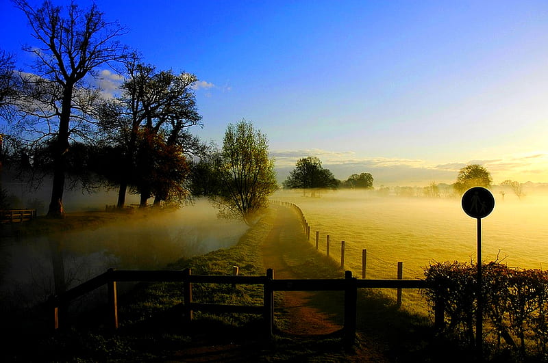 BEAUTIFUL MORNING , fence, water, path, morning, trees, sign board, mist, HD wallpaper