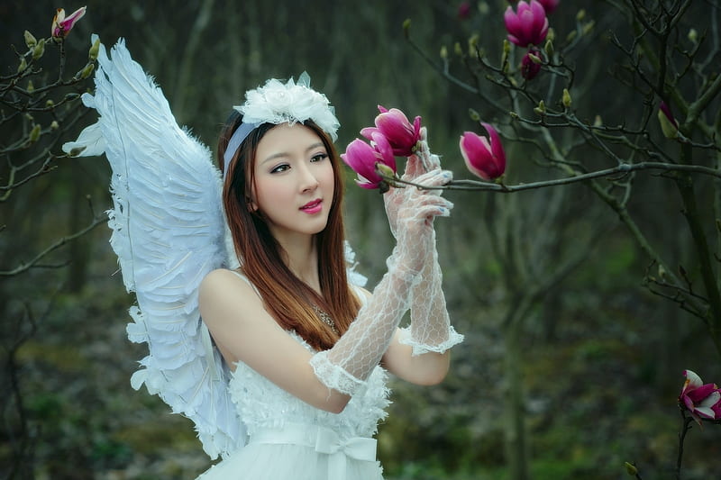 Angel, model, girl, flower, pink, white, wings, magnolia, spring, woman, HD wallpaper