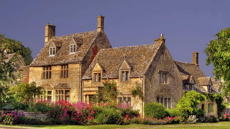 beautiful cotswold manor in england r, grass, flowers, r, sky, manor, HD wallpaper