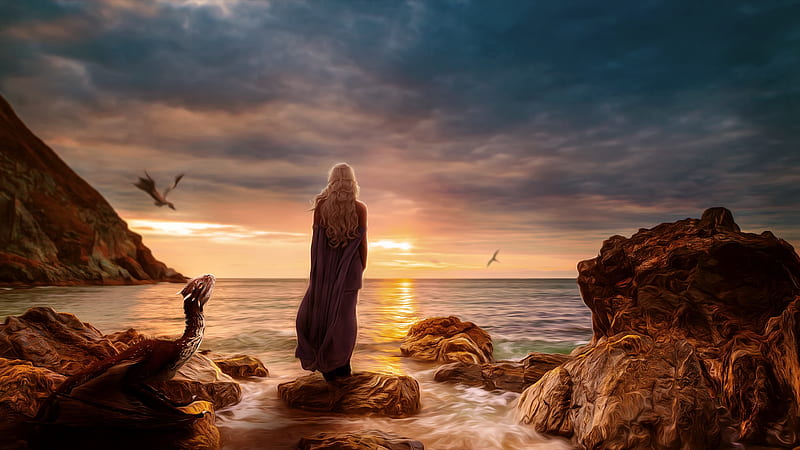 Daenerys, rock, orange, luminos, game of thrones, sunset, dragon, mother, sea, vara, water, fantasy, apus de soare, summer, daenerys targaryen, princess, HD wallpaper