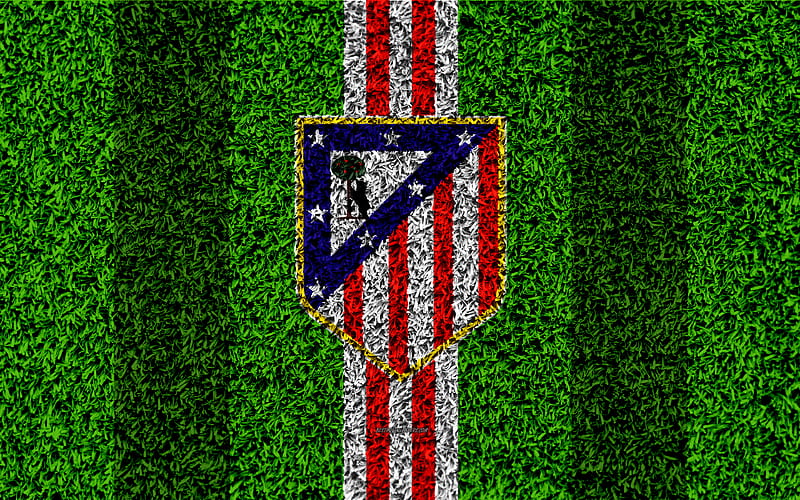 Atletico Madrid FC logo, football lawn, Spanish football club, red white lines, grass texture, emblem, La Liga, Madrid, Spain, football, HD wallpaper