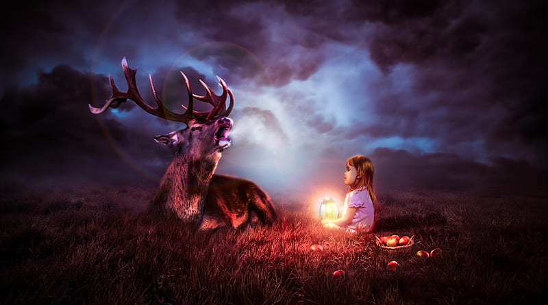 Night Sky Deer Fantasy , fantasy, artist, artwork, digital-art, deer, child, children, HD wallpaper