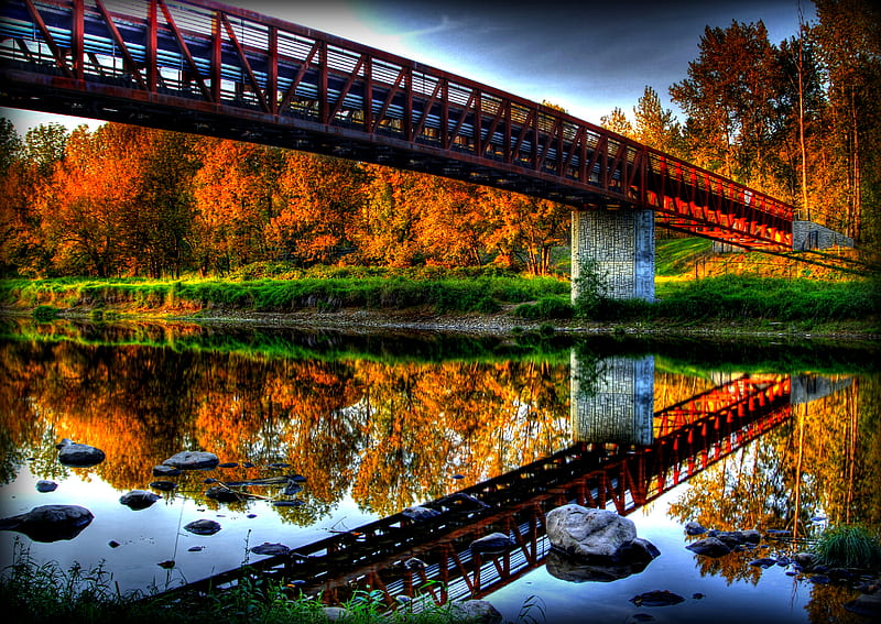 The Bridge-R, pretty, autumn, riverbank, grass, bonito, sunset, graphy, nice, stones, bridge, beauty, season, river, reflection, scenery, amazing, forest, lovely, view, colors, place, park, sky, trees, water, cool, r, nature, walk, great, landscape, HD wallpaper