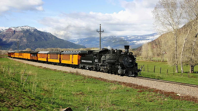 Durango & Silverton railroad, Mountains, Trees, Grass, Steam train, Yellow carriages, HD wallpaper