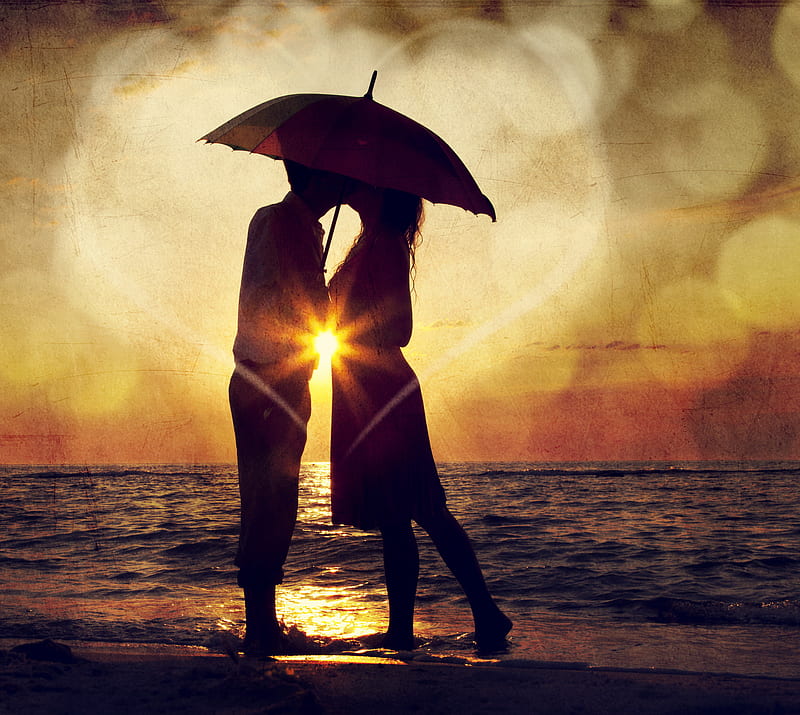 Sunset Couple, beach, heart, love, night, summer, sun, water, HD wallpaper