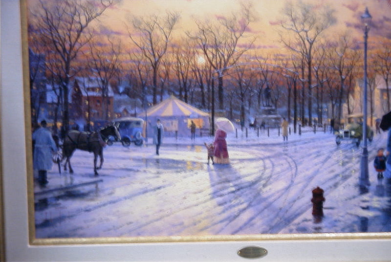 A Winter wonderland Day, art, buggywalking, people, painting, snowy, street, horses, winter, HD wallpaper