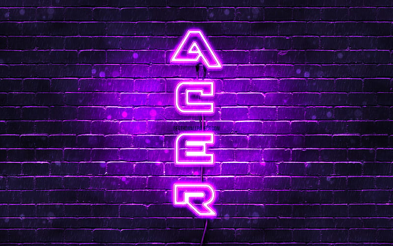 Acer violet logo, vertical text, violet brickwall, Acer neon logo, creative, Acer logo, artwork, Acer, HD wallpaper