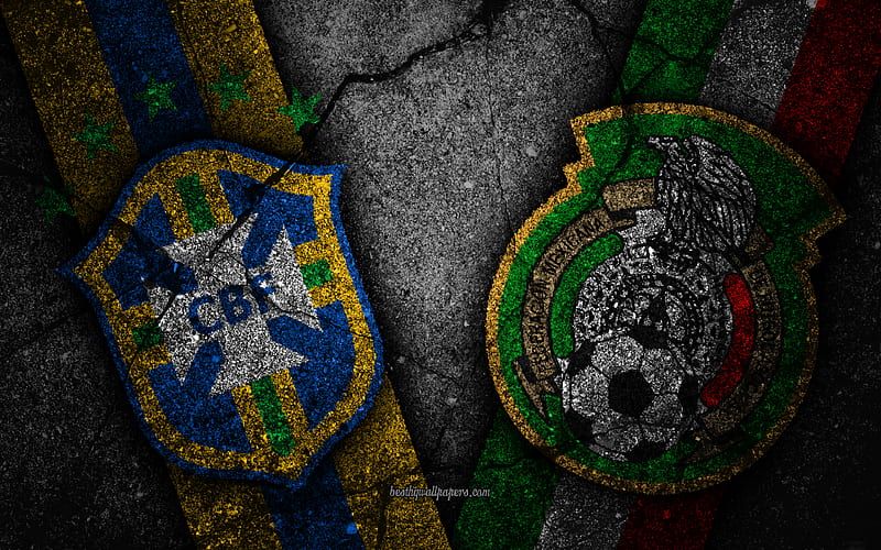 Brazil vs Mexico FIFA World Cup 2018, Round of 16, logo, Russia 2018, Soccer World Cup, Brazil football team, Mexico football team, black stone, Eighth-final, HD wallpaper