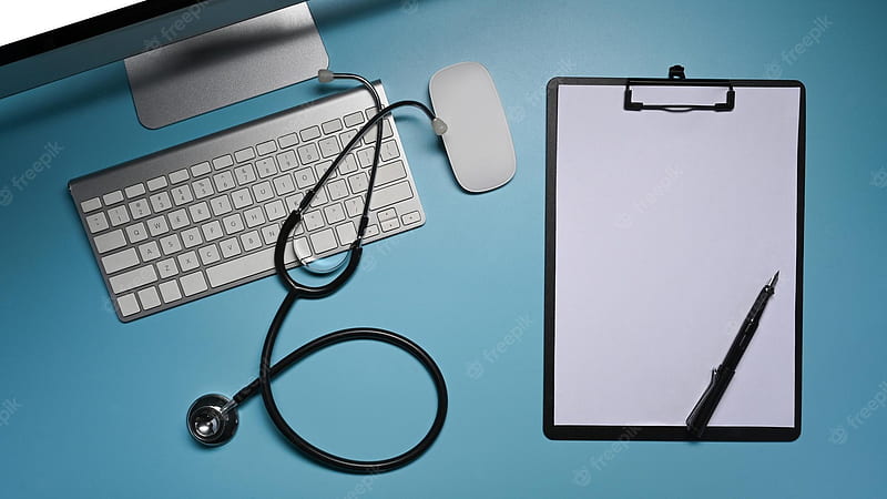 Premium . Clipboard stethoscope and computer on blue background healthcare and medical concept, Hospital, HD wallpaper