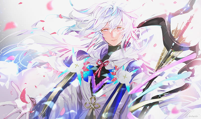 merlin, fate grand order, handsome, white hair, wind, petals, Anime, HD wallpaper