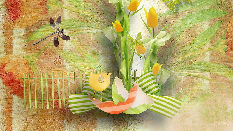 Spring Treasuers, orange, ribbon, yellow, firefox persona, easter, spring, chick, dragonfly, tulips, HD wallpaper